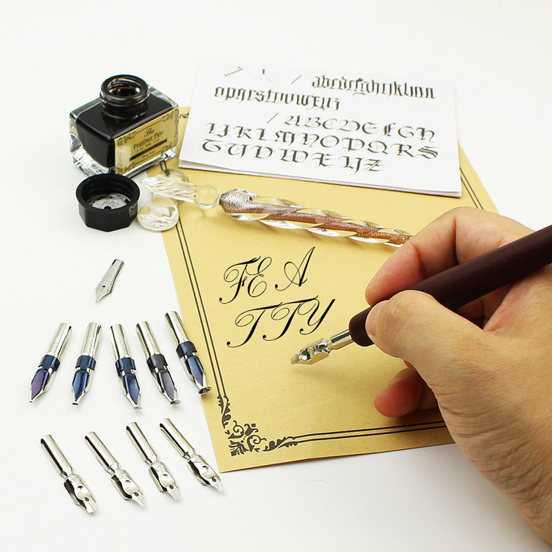Handmade Glass Pen Crystal Pen Wooden Dip Pen Retro Set