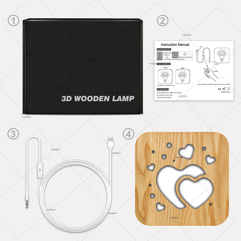 Two Hearts Night Light Creative Nordic Wood Lamp