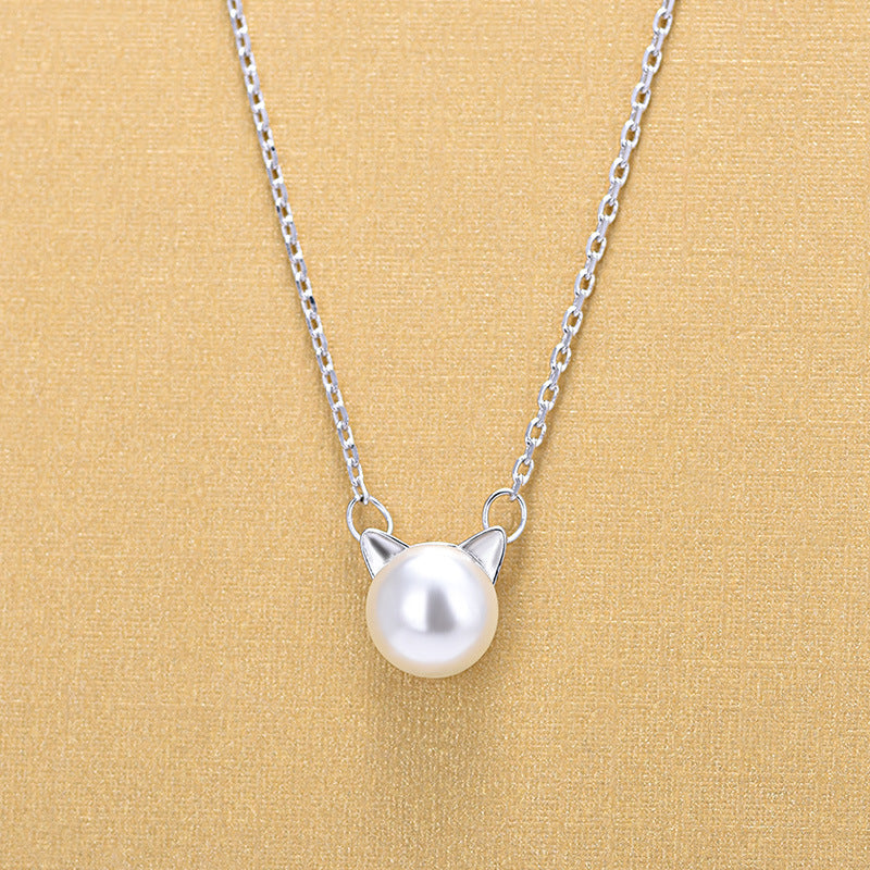 Pearl Cat Ears Plated Platinum Short Necklace Clavicle Chain