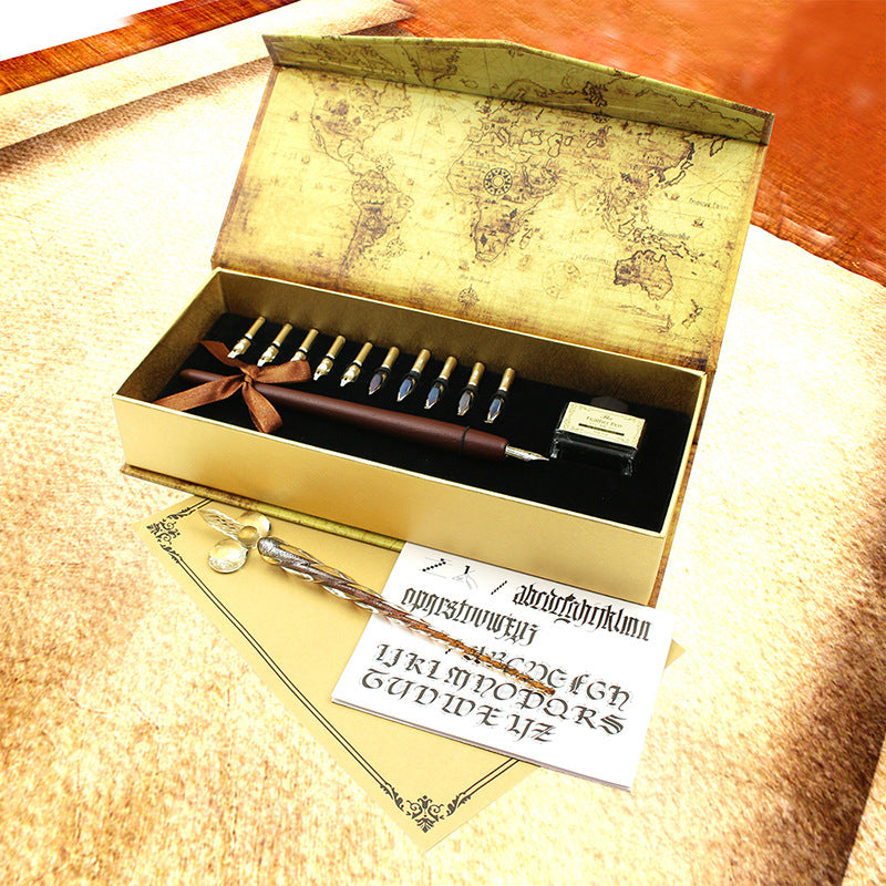 Handmade Glass Pen Crystal Pen Wooden Dip Pen Retro Set